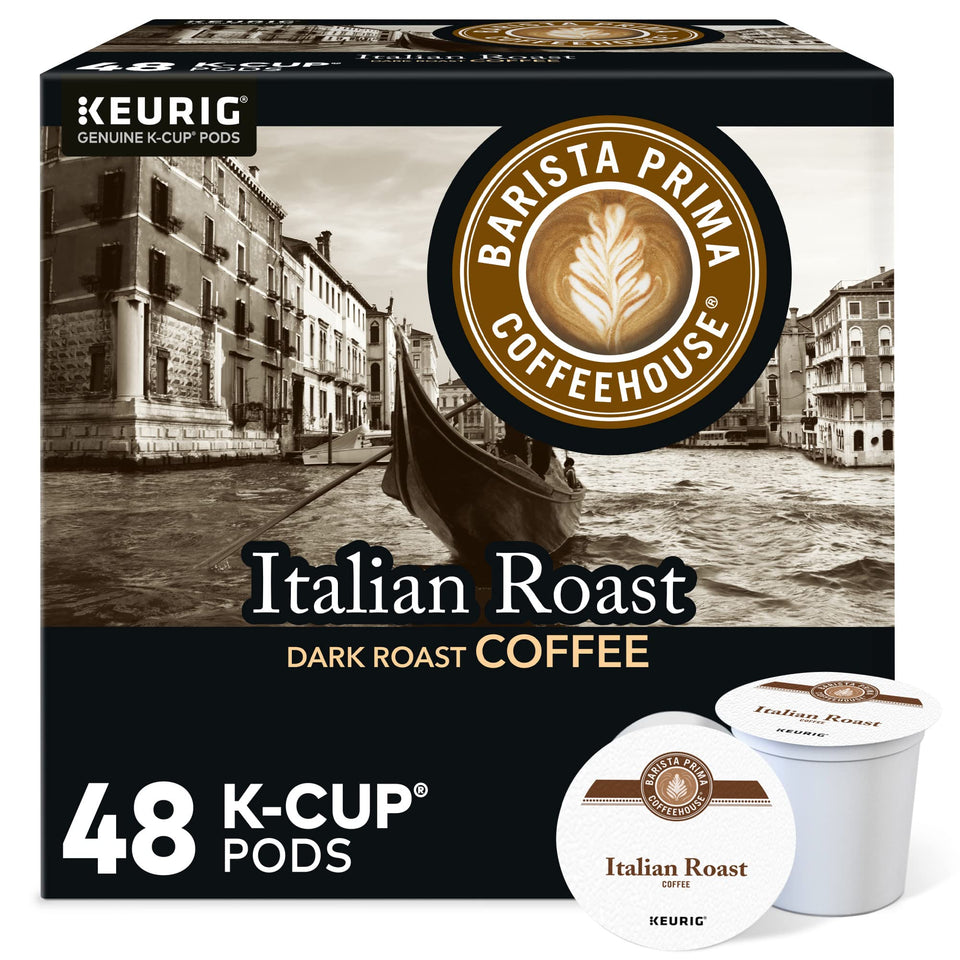 Barista Prima Italian Roast pods in box promising bold aroma for ready-to-brew mornings