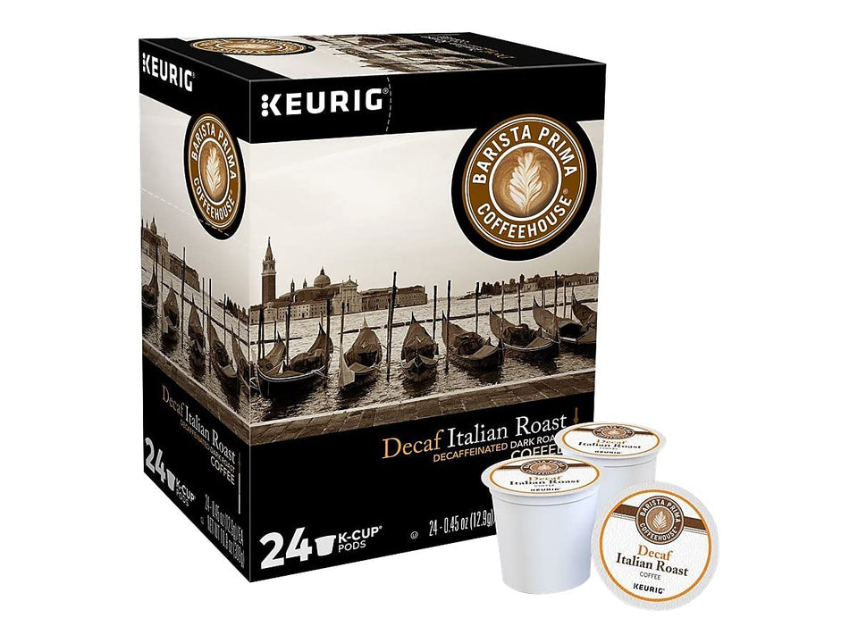 Barista Prima Italian Roast Decaf box with 24 K-Cups for convenient, caffeine-free enjoyment.