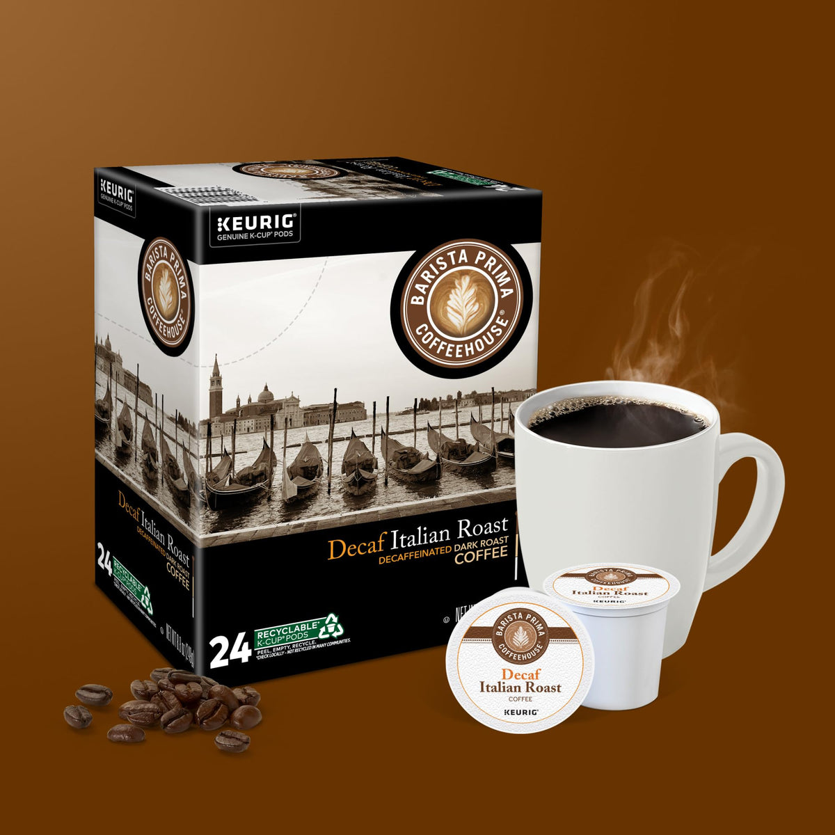 Barista Prima Italian Roast Decaf brewed and ready for morning ritual.