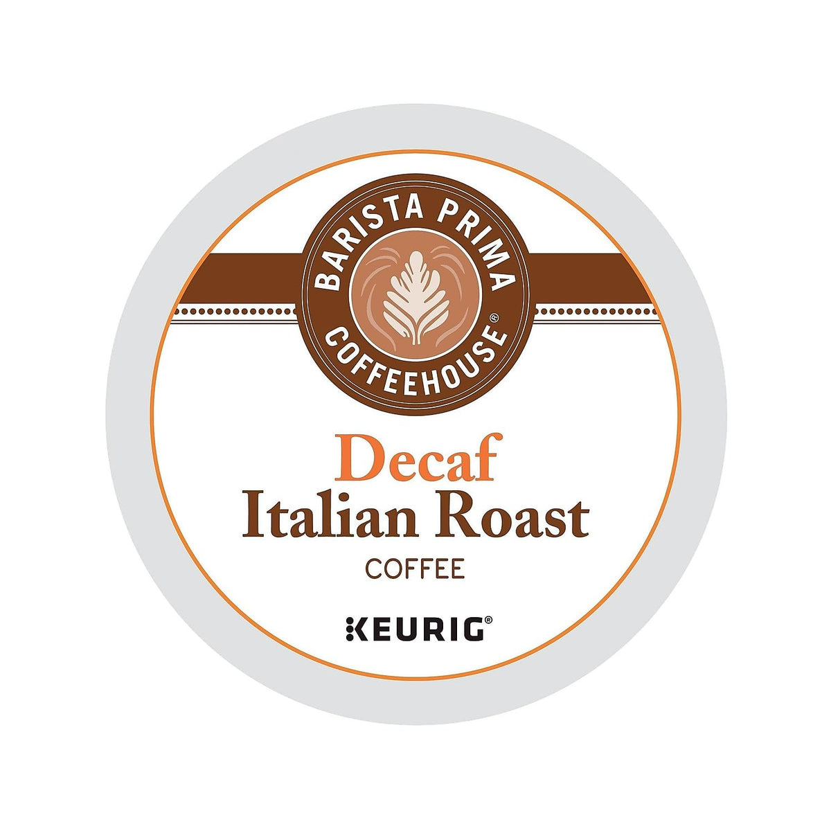 Barista Prima Italian Roast Decaf cup on saucer with rich aroma for evenings.