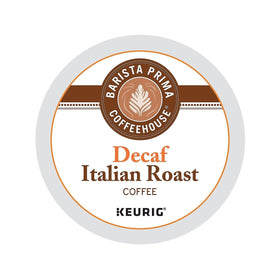 Barista Prima Italian Roast Decaf cup on saucer with rich aroma for evenings.