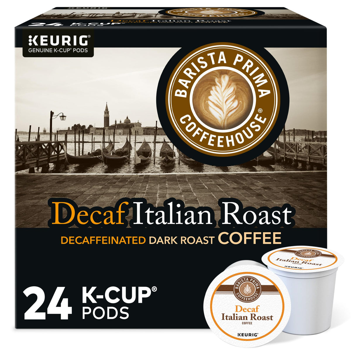 Barista Prima Italian Roast Decaf K-Cup pods in pack shot for quick, flavorful mornings.