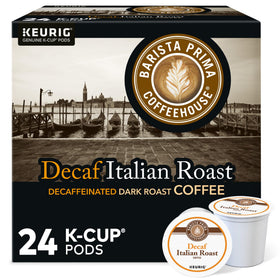 Barista Prima Italian Roast Decaf K-Cup pods in pack shot for quick, flavorful mornings.