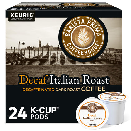 Barista Prima Italian Roast Decaf K-Cup pods in pack shot for quick, flavorful mornings.
