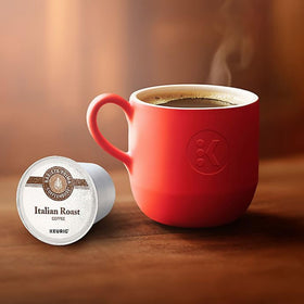 Keurig setup with Barista Prima Italian Roast K-Cup pod and cup ready