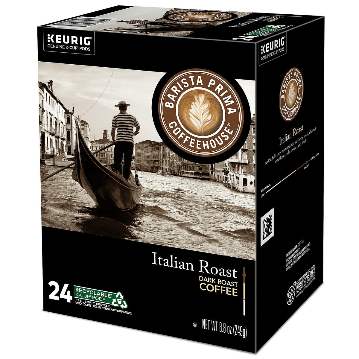 Barista Prima packaging highlighting gourmet K-Cup convenience and Italian roast.