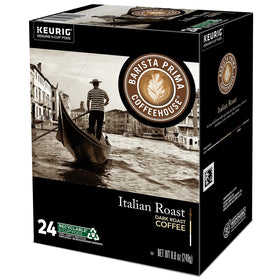 Barista Prima packaging highlighting gourmet K-Cup convenience and Italian roast.