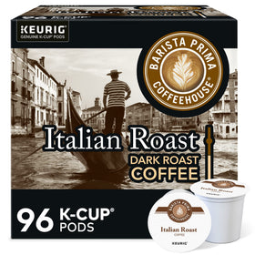 Barista Prima Italian Roast K-Cup pods pack front showing the 96-count box for mornings
