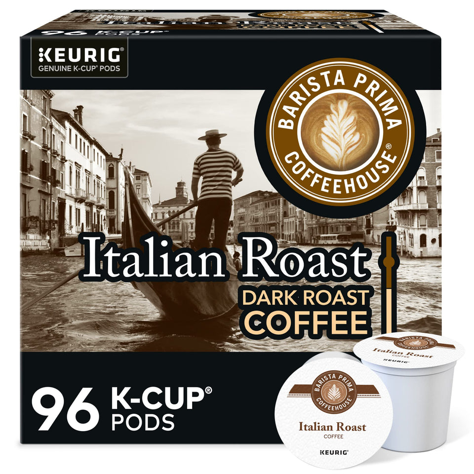 Barista Prima Italian Roast K-Cup pods pack front showing the 96-count box for mornings