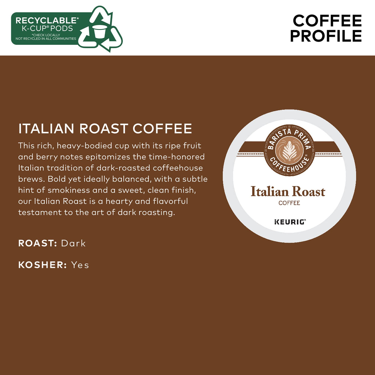 Barista Prima Italian Roast K-Cup pod close-up reveals rich dark roast and depth