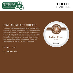 Barista Prima Italian Roast K-Cup pod close-up reveals rich dark roast and depth