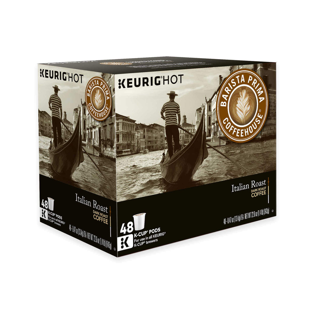 Barista Prima Italian Roast K-Cups for Keurig; bold, full-bodied coffee with berry notes and a smoky finish.