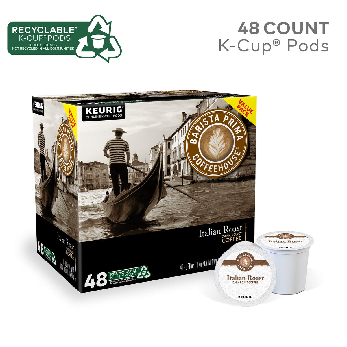 Barista Prima Italian Roast packaging highlights recyclable K-Cups for eco-conscious brewing