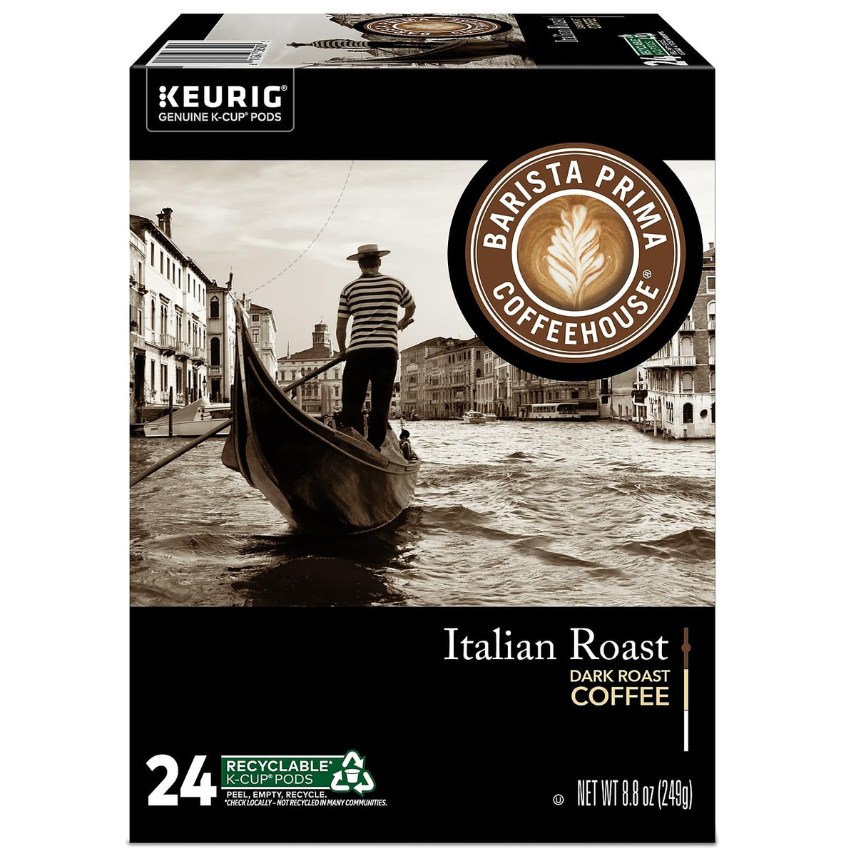 Steaming cup of Barista Prima Italian Roast shows a rich finish.