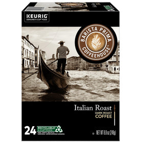 Steaming cup of Barista Prima Italian Roast shows a rich finish.