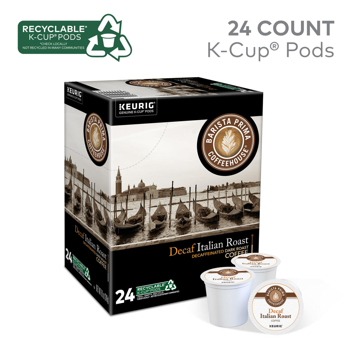 Barista Prima K-Cup pods displayed for easy grab-and-go access to decaf flavor.