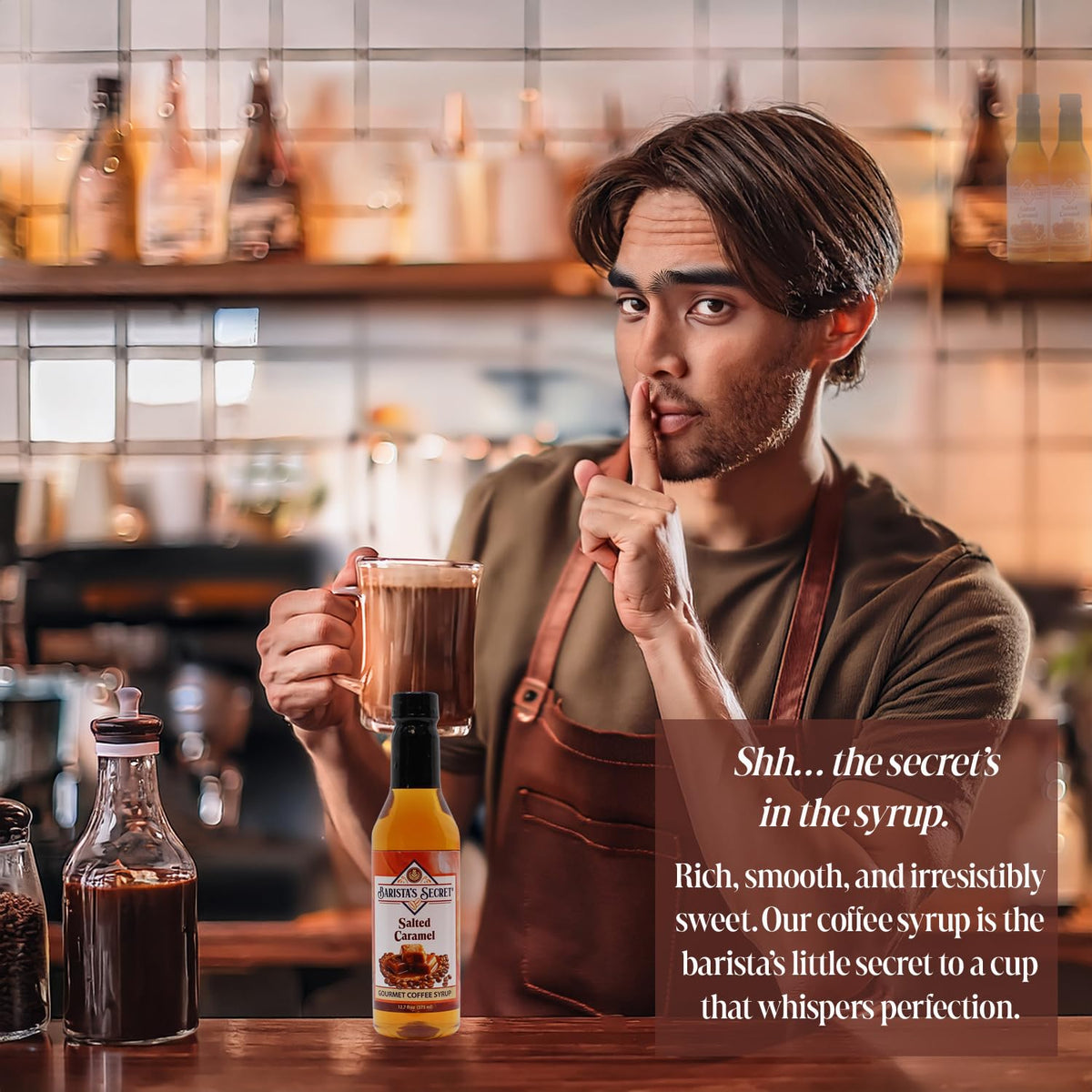 Barista's Secret Brown Sugar Cinnamon syrup bottle on display, perfect for cozy drinks.
