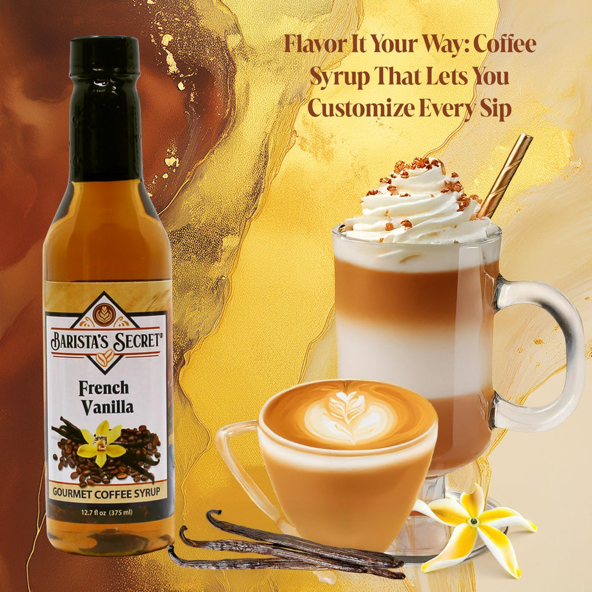 Barista's Secret Variety Pack syrups display, ideal for home café experiments.