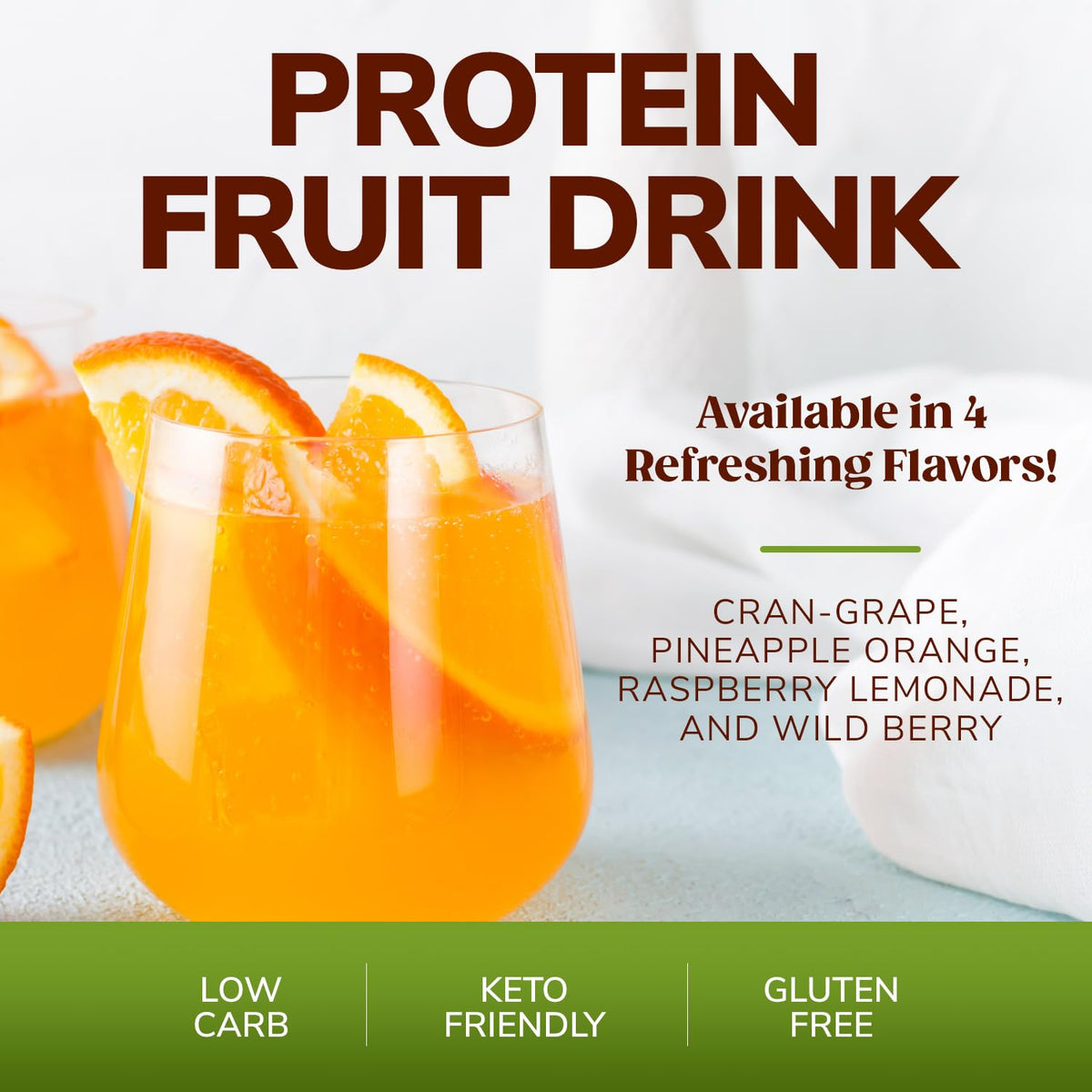 BariWise Protein Fruit Drink glass being poured with bright pineapple orange flavor