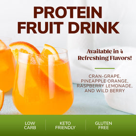 BariWise Protein Fruit Drink glass being poured with bright pineapple orange flavor