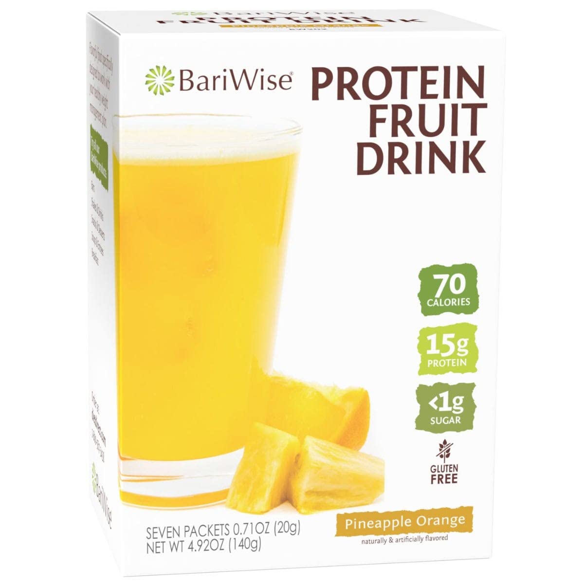 BariWise Protein Fruit Drink bottle shows pineapple orange flavor for a refreshing, low-sugar protein boost