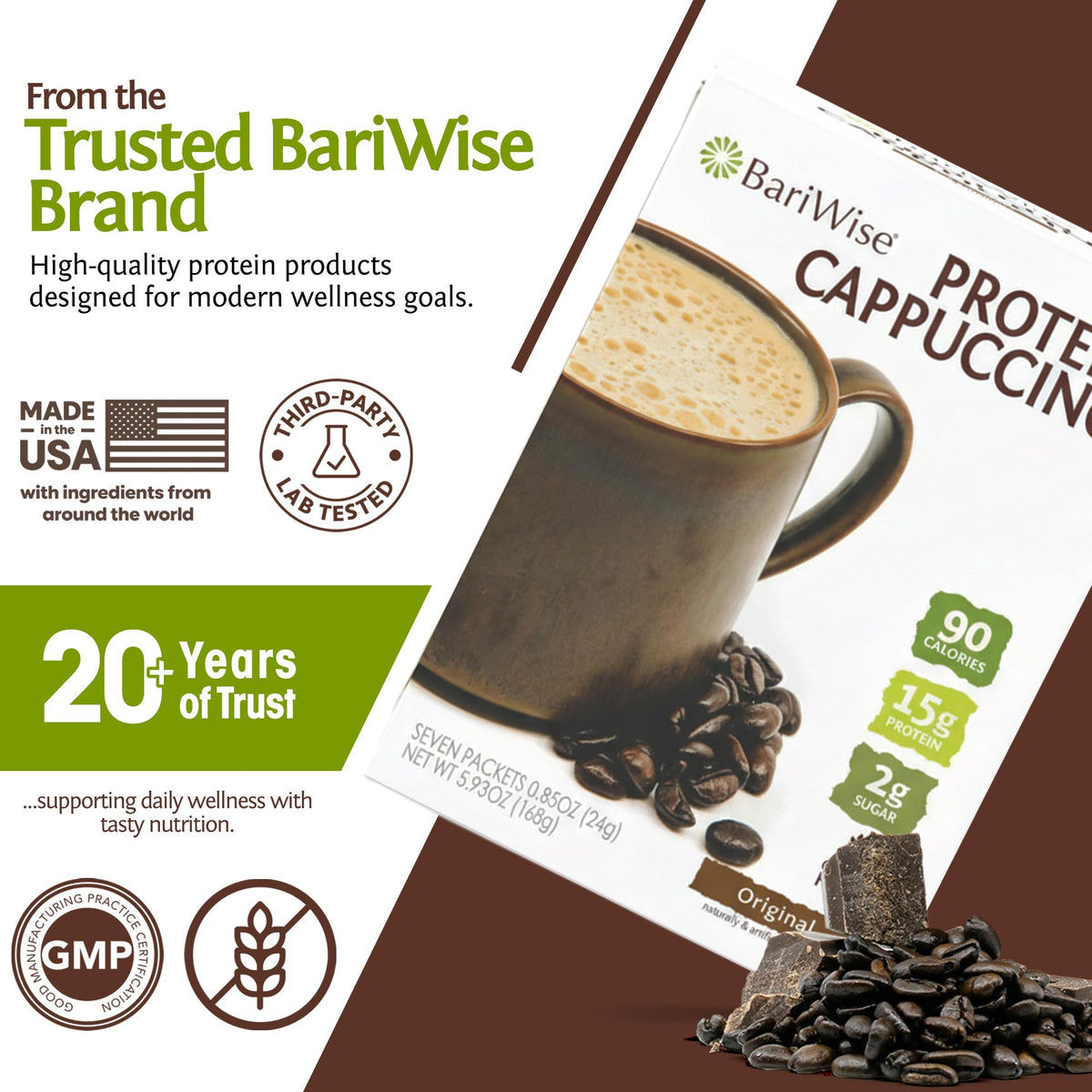 BariWise Protein Cappuccino easy-dissolve packet for mess-free mornings.