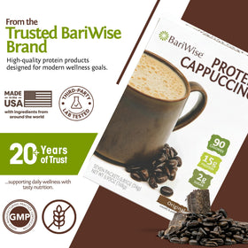 BariWise Protein Cappuccino easy-dissolve packet for mess-free mornings.