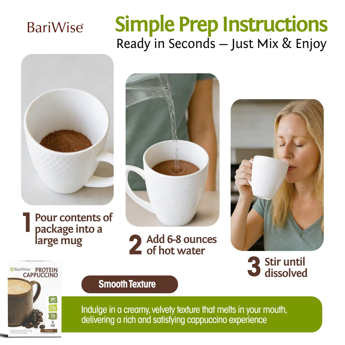 BariWise Protein Hot Drink Cappuccino nutrition panel highlights 15g protein per serving.