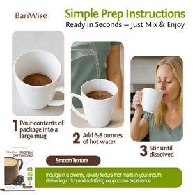 BariWise Protein Hot Drink Cappuccino nutrition panel highlights 15g protein per serving.