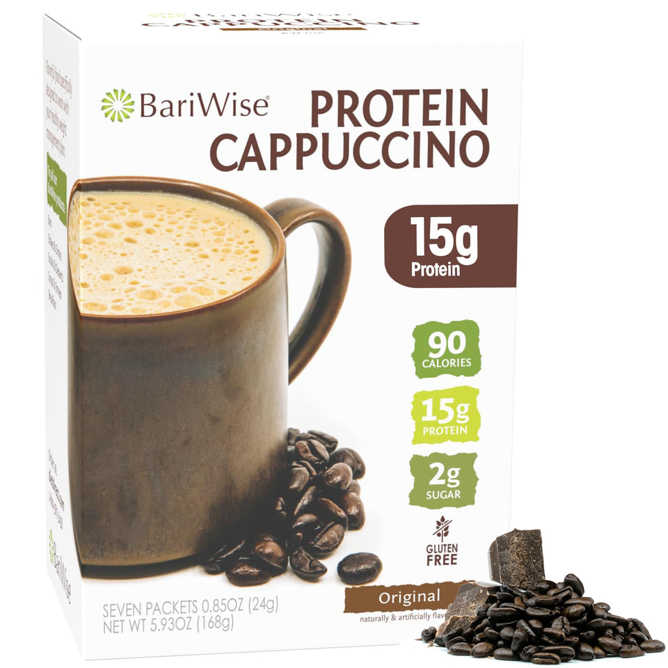 BariWise Protein Hot Drink Cappuccino Original packets offer convenient, high-protein morning support.