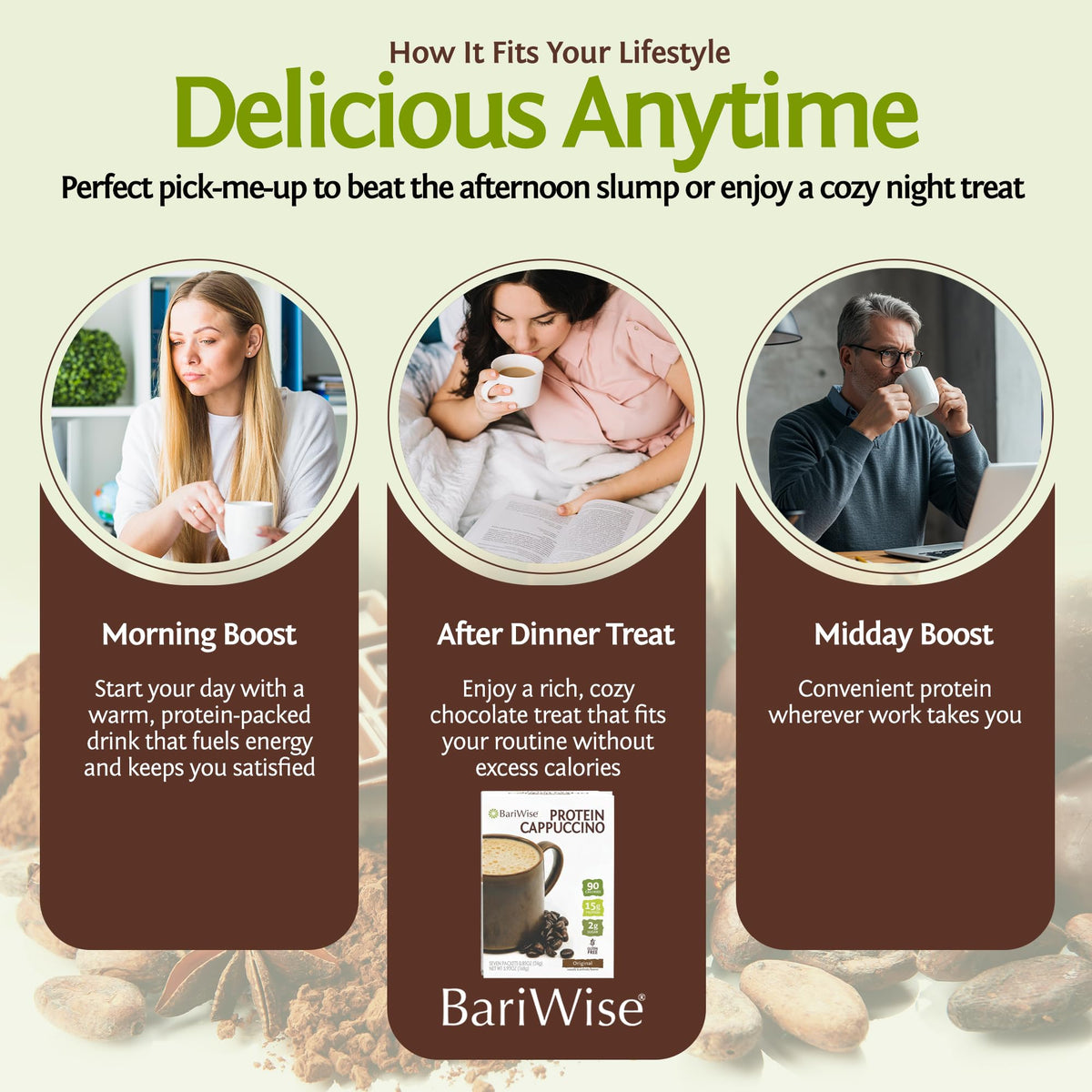 BariWise Protein Hot Drink Cappuccino ready-mix cup delivers creamy texture quickly.