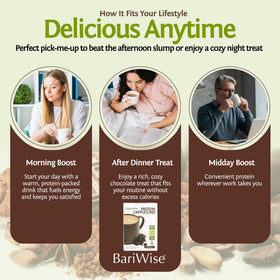 BariWise Protein Hot Drink Cappuccino ready-mix cup delivers creamy texture quickly.