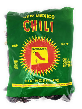 Barker's Dried Red Chili Pods close-up, mild flavor ideal for weeknight chili.