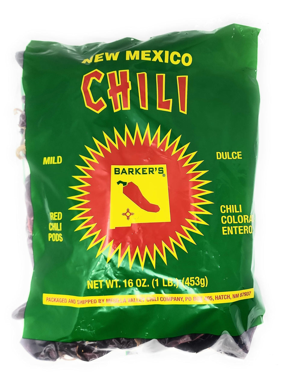 Barker's Dried Red Chili Pods close-up, mild flavor ideal for weeknight chili.