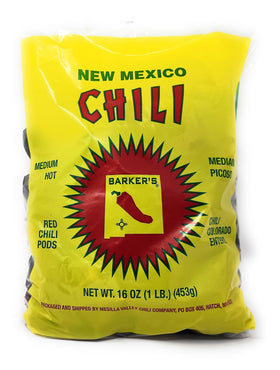 Barker's Dried Red Chili Pods in bag show vibrant color for a ready-to-use flavor base.