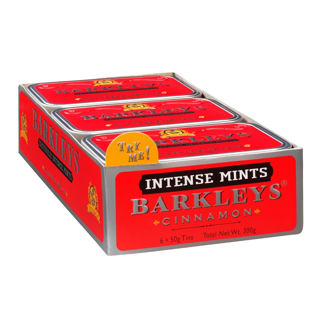 Barkleys Cinnamon Breath Mints tin close-up for quick, refreshing breath after meals.