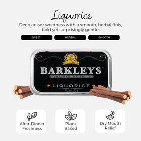 Barkleys Liquorice Breath Mints tin open with mints visible, about 50 pieces.