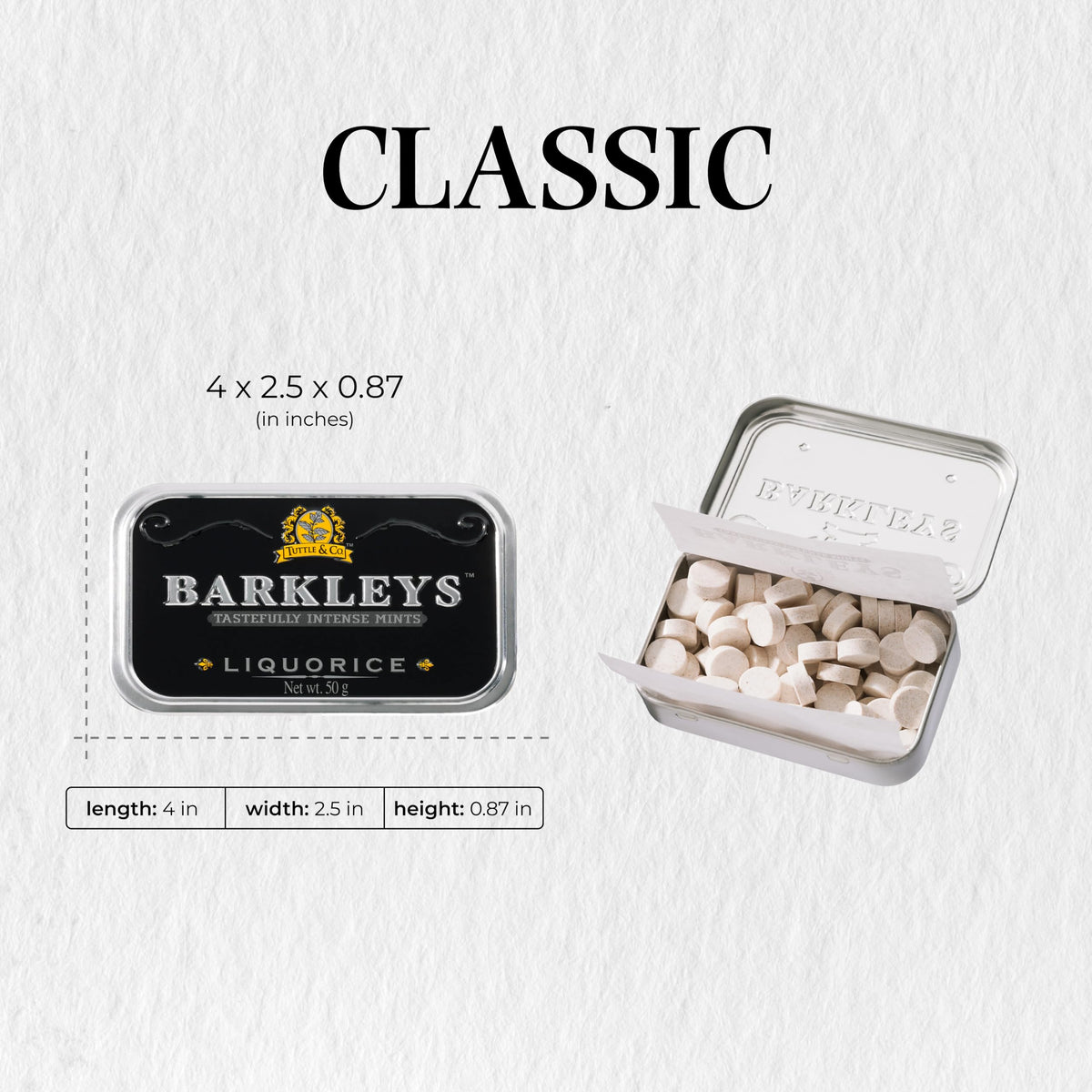 Barkleys Liquorice Breath Mints reusable tin design for eco-friendly packaging.