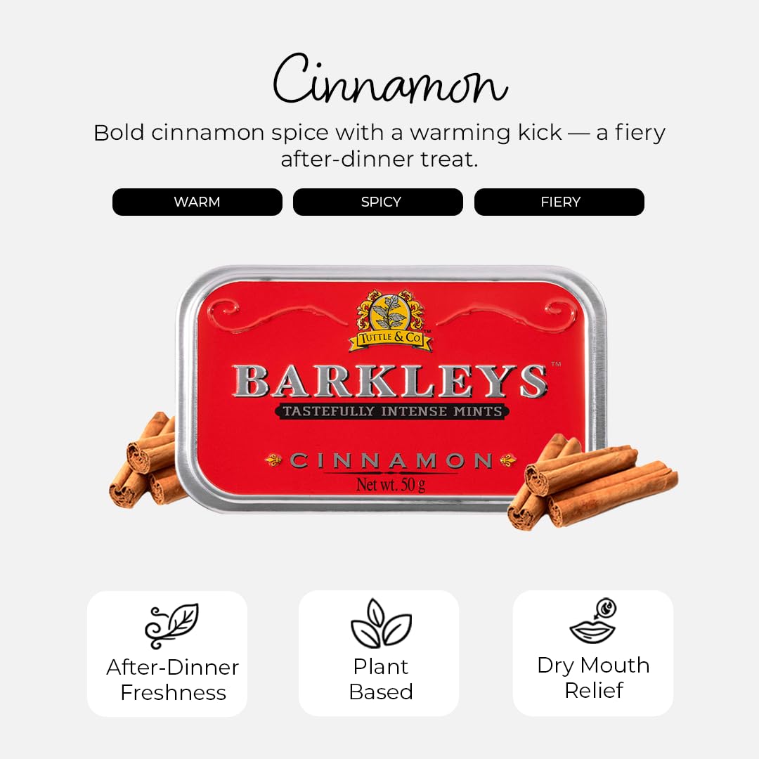 Barkleys vegan cinnamon mints highlight plant-based ingredients for clean flavor.