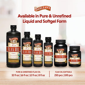 Barlean's flaxseed oil label emphasizes organic gluten-free vegan formula