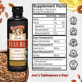 Barlean's flaxseed oil pour showing golden liquid ideal for dressings and sauces