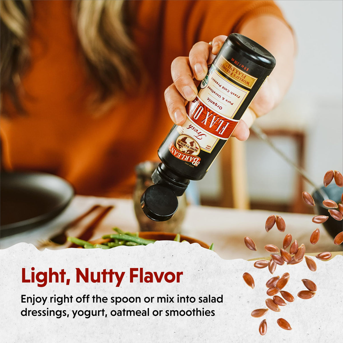 Spoonful of Barlean's flaxseed oil enhances smoothies with plant-based omega-3