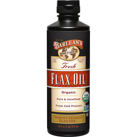 Barlean's flaxseed oil bottle on kitchen shelf highlighting vegan nutrition for healthy skin