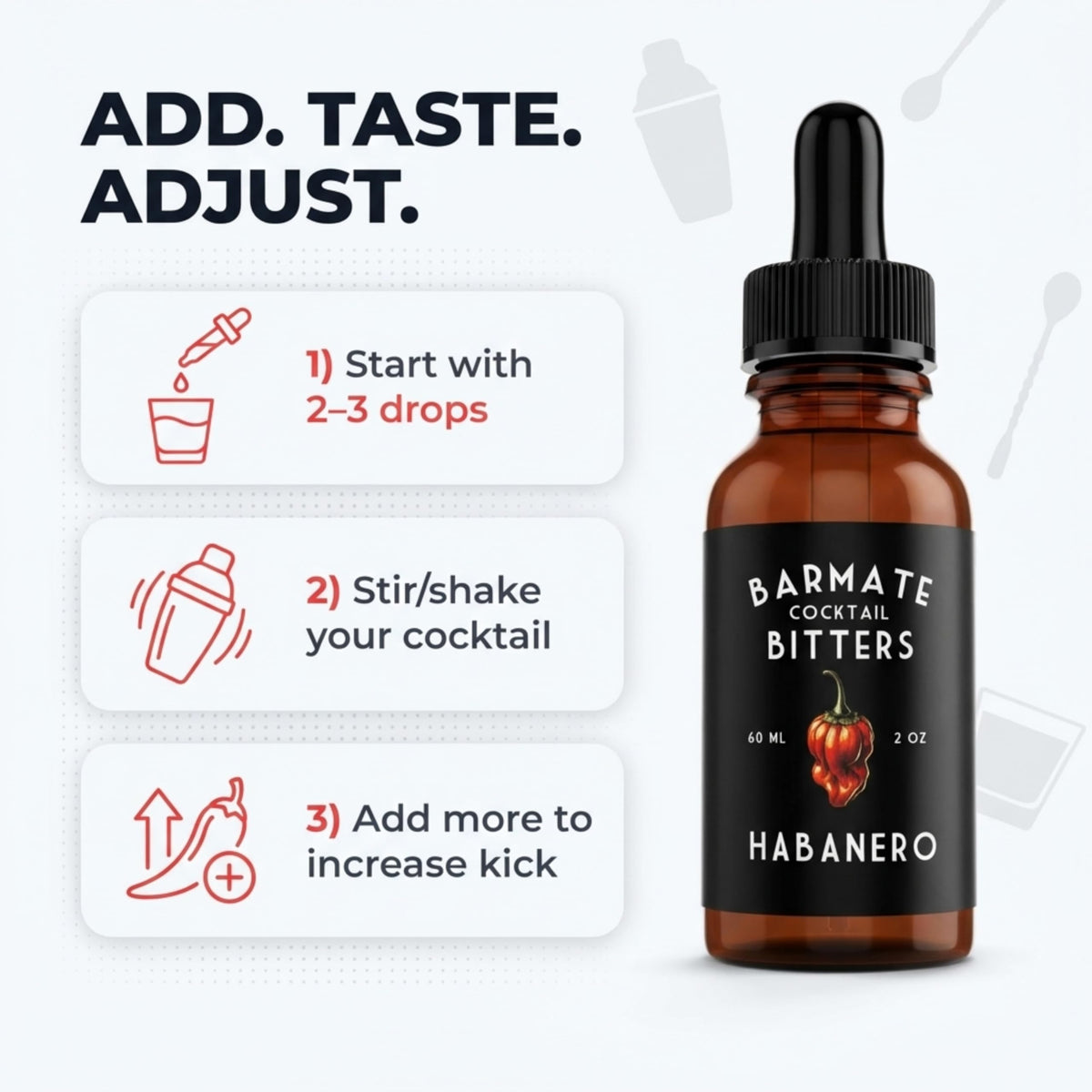 BarMate Spicy Habanero Bitters dropper enables precise dosing for cocktails