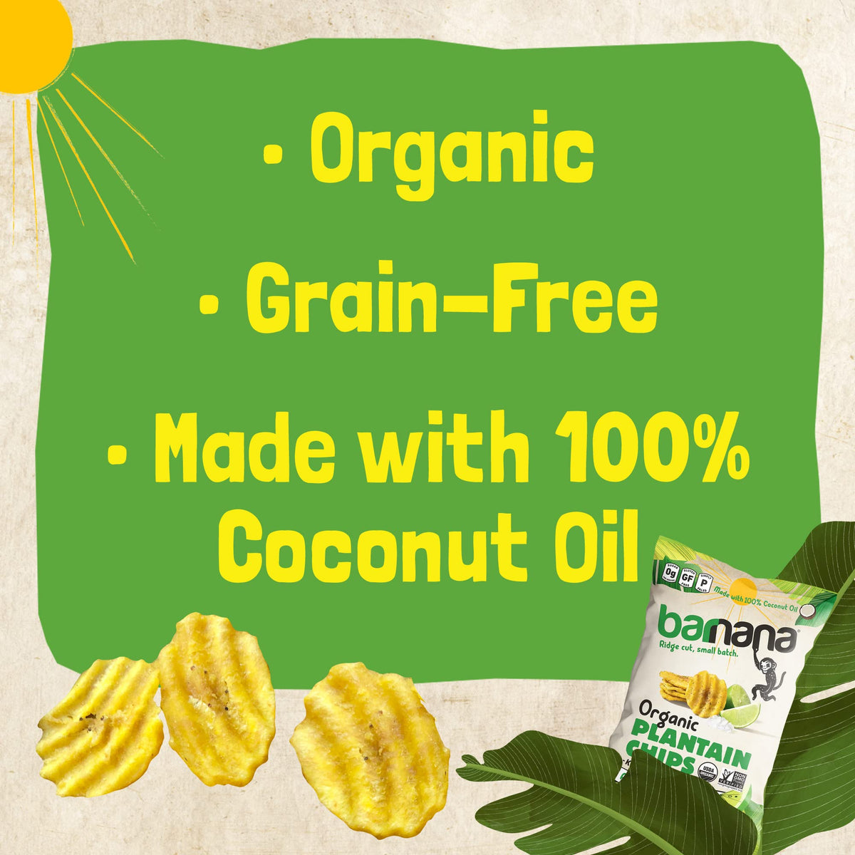 Organic Amazon-grown plantains featured in Barnana chips packaging