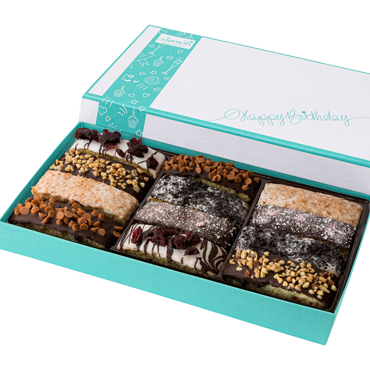 Barnetts fine biscotti gift box with 12 chocolate-covered pieces for celebrations