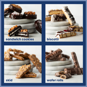 Barnetts Fine Biscotti coated wafer rolls close-up, decorative coatings.