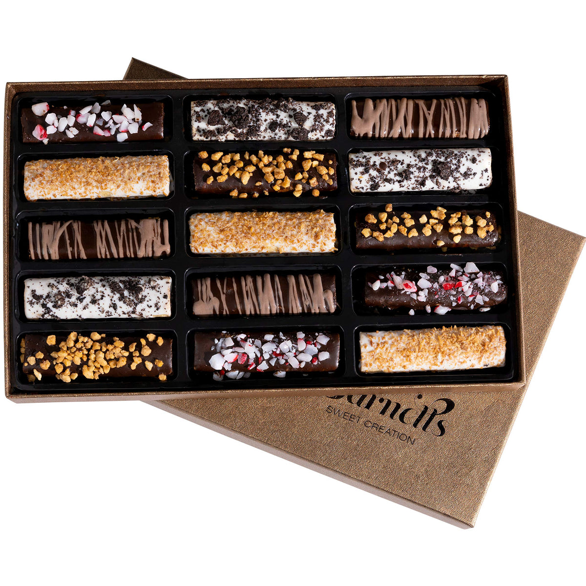 Barnetts Fine Biscotti dark chocolate coated wafers closeup highlighting rich flavor and premium texture.