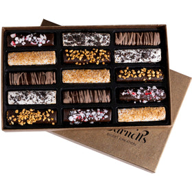 Barnetts Fine Biscotti dark chocolate coated wafers closeup highlighting rich flavor and premium texture.