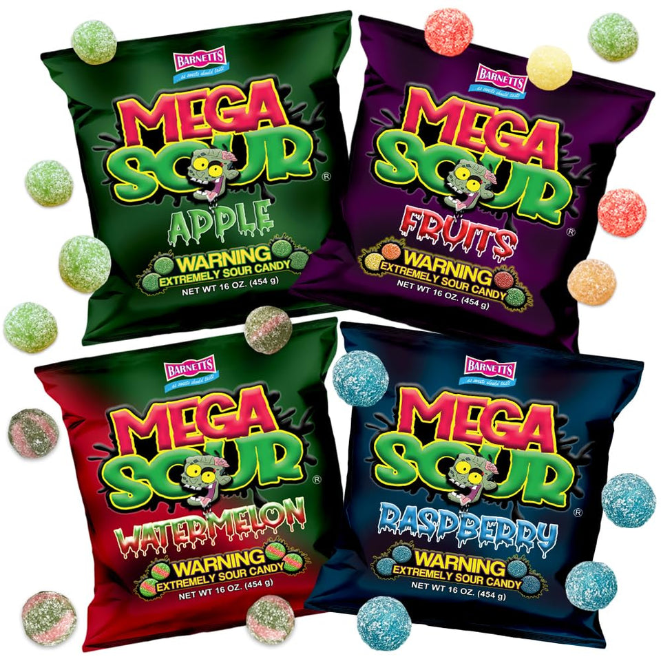Barnetts Mega Sour Candy 4 Pack Raspberry flavour – tangy bite for sharing at parties.
